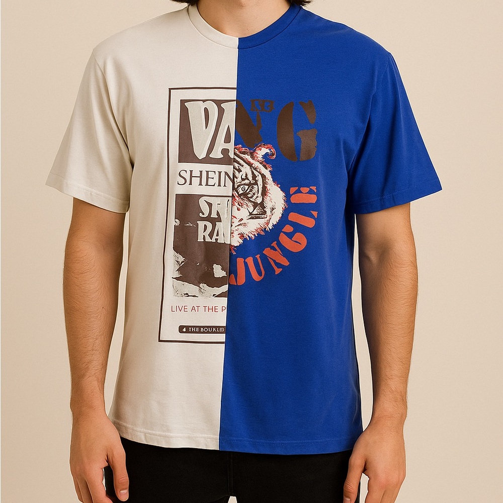 Unisex Shein Royal Blue and White Split Front Graphic Short Sleeve Tshirt, S